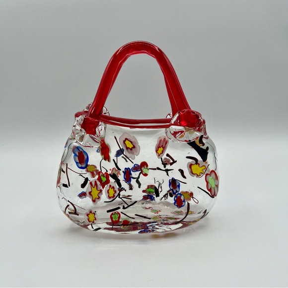 Vintage Hand Blown Purse Vase Floral Millefiori Art Glass Crystal Murano Style - Picture 4 of 13